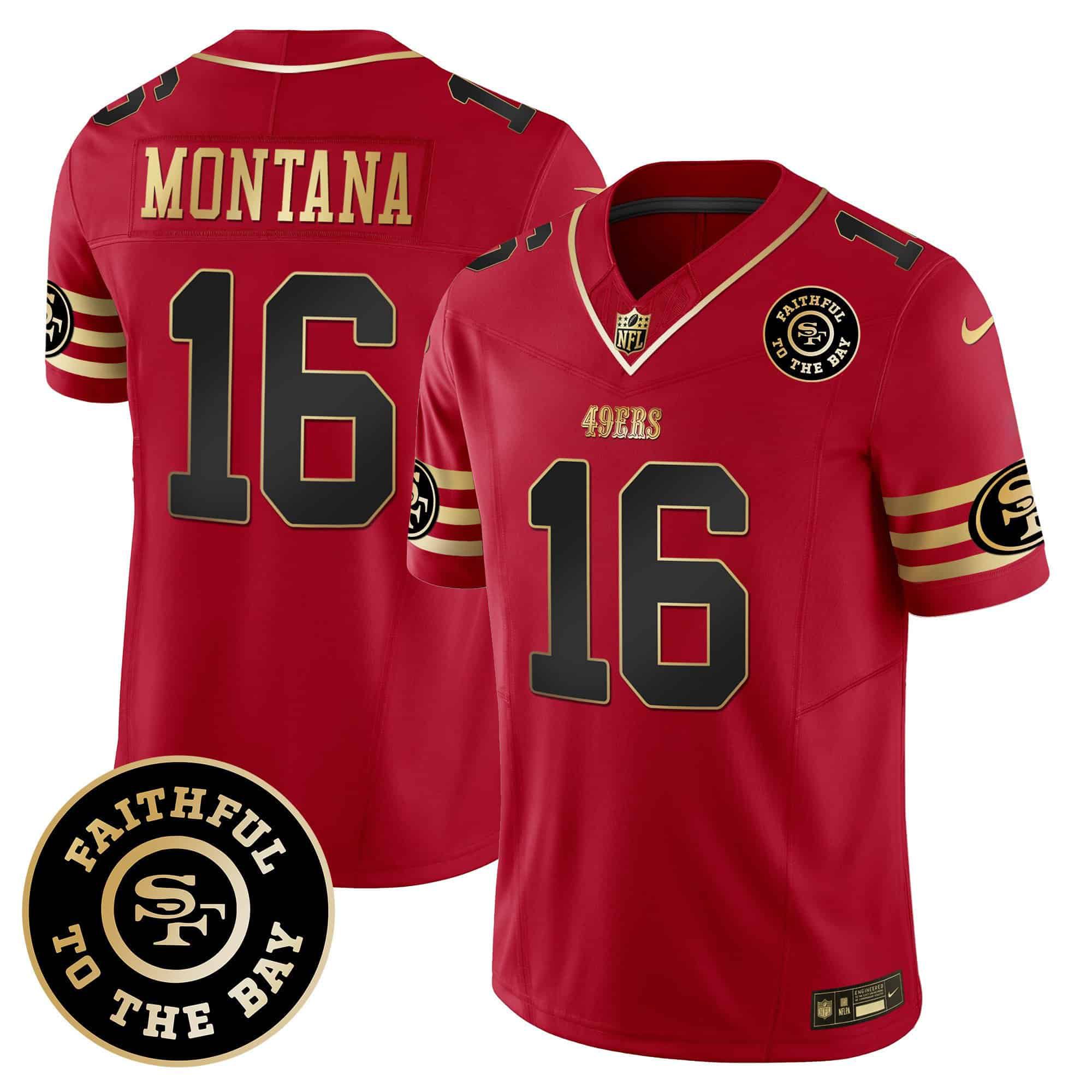 Men San Francisco 49ers 16 Montana Red 2024 Nike Faithful To The Bay Patch Vapor Limited NFL Jersey